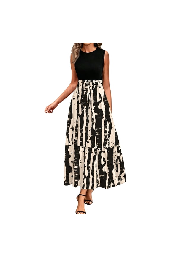 Women Twofer Tank A-Line Midi Sundress, Belted Adjustable Waist Stretch Resistant Leaf Tiered Summer Dress Beach Office, Beige XXL