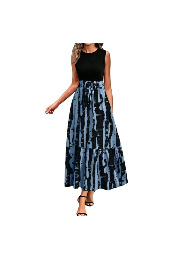 Women Twofer Tank A-Line Midi Sundress, Belted Adjustable Waist Stretch Resistant Leaf Tiered Summer Dress Beach Office, Navy S