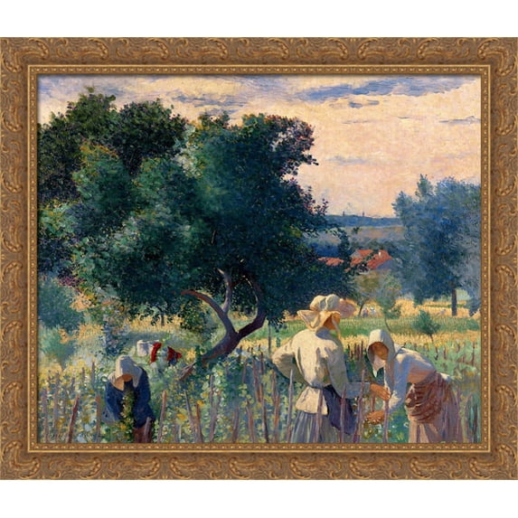 Women Tying the Vine 32x28 Large Gold Ornate Wood Framed Canvas Art by Henri-Edmond Cross