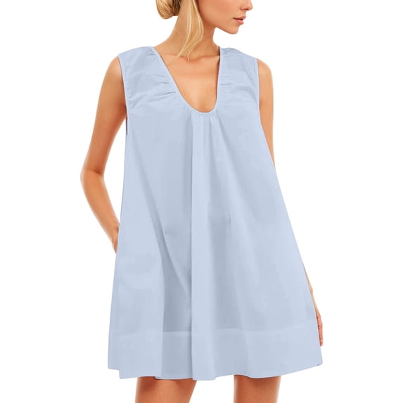 Women U Neck Ruched Mini Dress Sleeveless Short Summer Party Dress with Side Pockets,Blue,XL