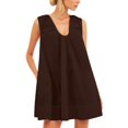 thumbnail image 1 of Women U Neck Ruched Mini Dress Sleeveless Short Summer Party Dress with Side Pockets,Brown,M, 1 of 4
