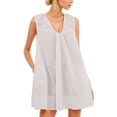 thumbnail image 1 of Women U Neck Ruched Mini Dress Sleeveless Short Summer Party Dress with Side Pockets,White,M, 1 of 4