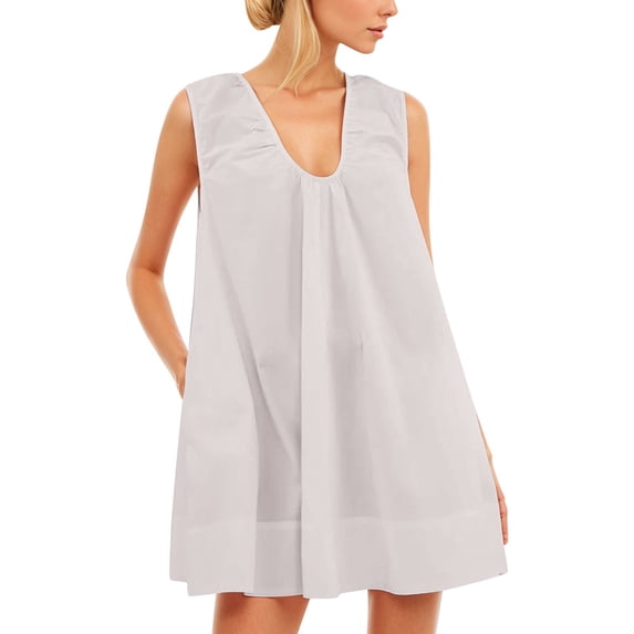 Women U Neck Ruched Mini Dress Sleeveless Short Summer Party Dress with Side Pockets,White,M
