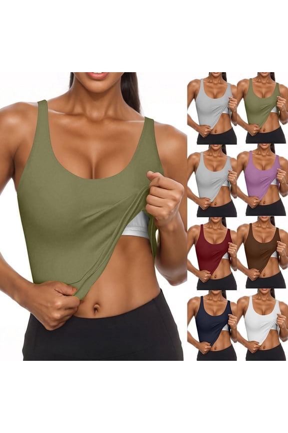 Women U Neck Tank Tops with Built in Bra Gym Yoga Athletic Camisole Sleeveless Spaghetti Strap Basic Crop Top Blue M