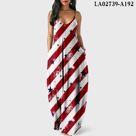 Women USA Flag Printed V-Neck Sleeveless Maxi Skirt 4th of July Independence Day Maxi Dress Stars & Stripes Graphic Summer Patriotic Casual Slip Dress