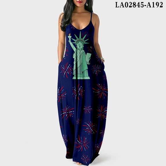 Women USA Flag Printed V-Neck Sleeveless Maxi Skirt 4th of July Independence Day Maxi Dress Stars & Stripes Graphic Summer Patriotic Casual Slip Dress