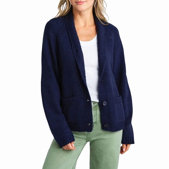 Women USA Flag Star Stripe Print Open Front Vintage Knitwear Cardigan Navy Blue XL