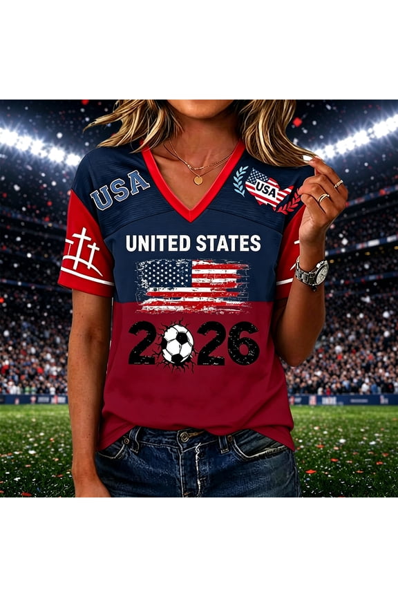 Women USA Soccer Jersey Shirts American Flag Graphic Short Sleeve Tee V Neck T Shirt Happy Fashion Jerseys for Women 2026 Football Tee, Wine L