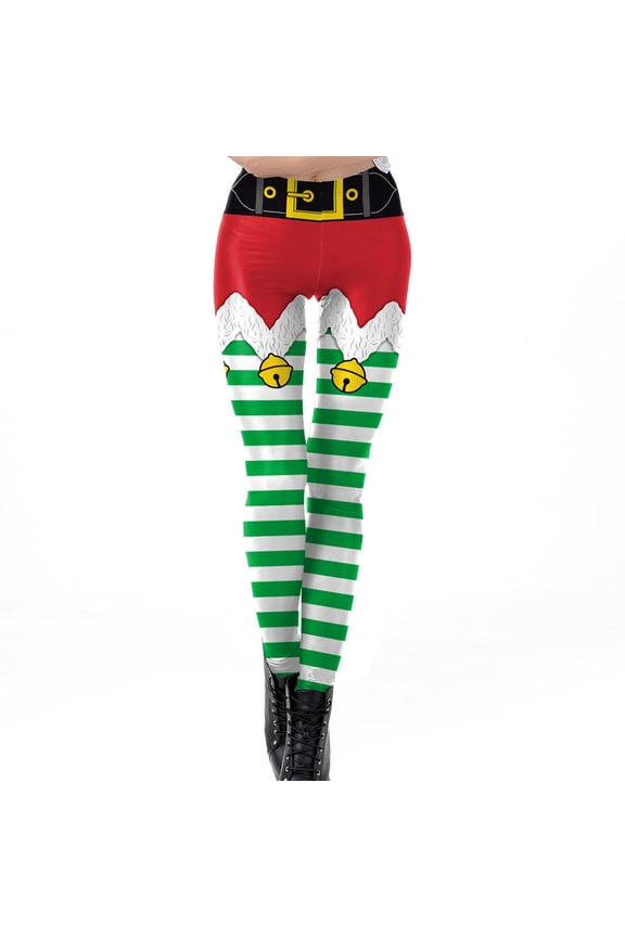 Women Ugly Christmas Fake Elf Shorts Print Leggings Funny Belt Striped Santa Holiday Tights Mid Rise Xmas Festival Costume Pants