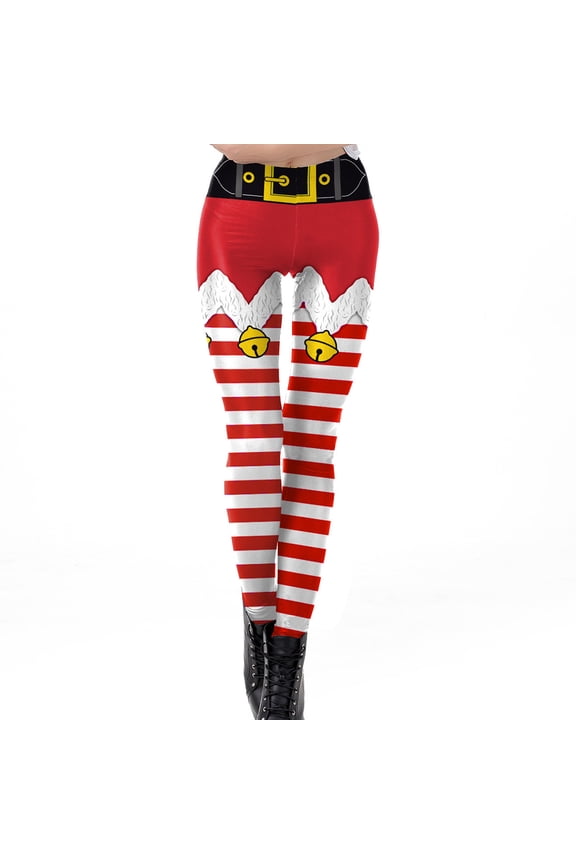 Women Ugly Christmas Fake Elf Shorts Print Leggings Funny Belt Striped Santa Holiday Tights Mid Rise Xmas Festival Costume Pants