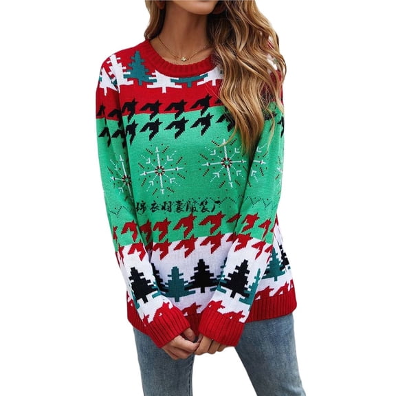 Women Ugly Christmas Sweater 2025 Crewneck Color Block Knitted Funny Loose Fit Casual Pullove Sweater Green M
