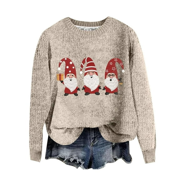 Women Ugly Christmas Sweater Cute Santa Print Knitted Pullover Sweaters Long Sleeve Xmas Holiday Loose Jumper