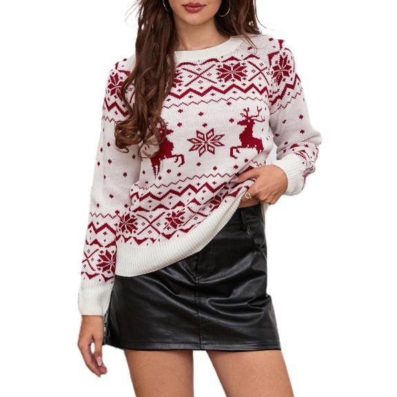 Women Ugly Christmas Sweaters Classic Elk Snowflake Long Sleeve Fall Winter Xmas Holiday Knit Jumper Tops