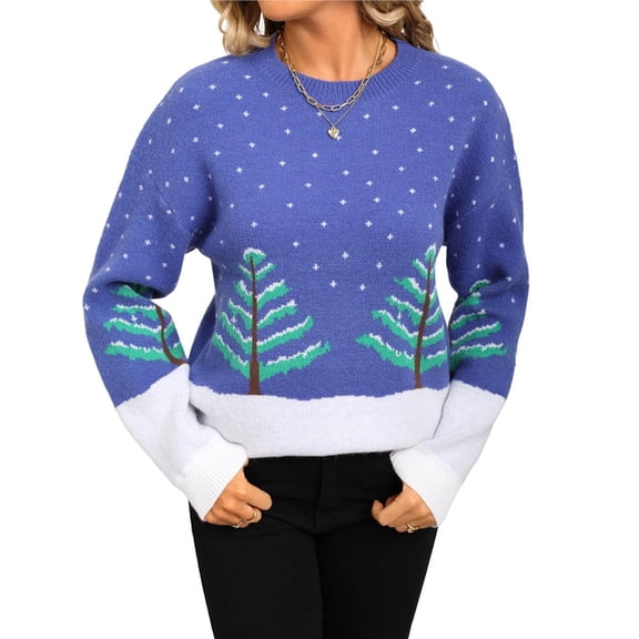 Women Ugly Christmas Sweaters Cute Xmas Tree Reindeer Santa Claus Holiday Pullover Tops Winter Trendy Clothes Blue L