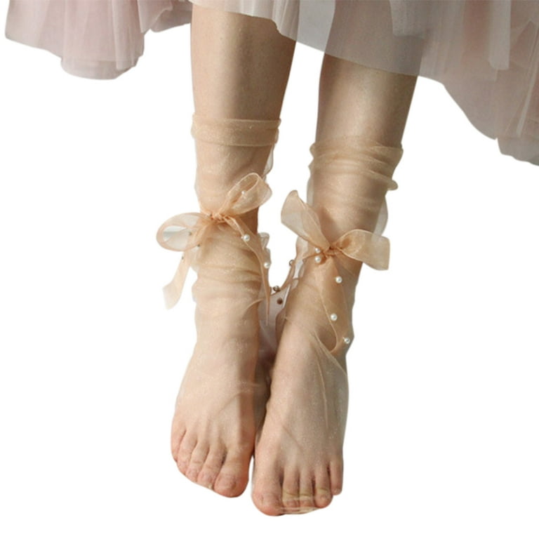 Women Ultra-Thin Sheer Slouchy Ankle Socks Sweet Ribbon Bowknot Imitation  Pearl Beading See-Through Mesh Tulle Stockings