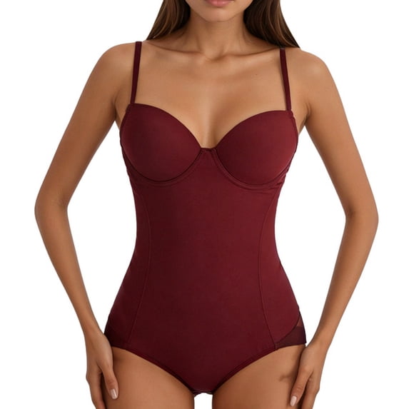 Women Ultra-thin Shapewear Bodysuits Tummy Control Shapewear Seamless Backless V-Neck Tops with Built-in Bra