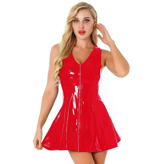 Women Umbrella Leather Dress, Glossy PVC Leather, Zipper Open Breast, Shiny Pleated Latex Skirt