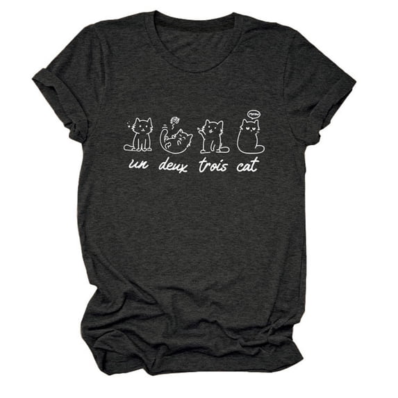 Women Un Deux Trois Cat Shirt Cute Cat Graphic T-Shirt French Saying Graphic Tees (Dark Gray XXXL)