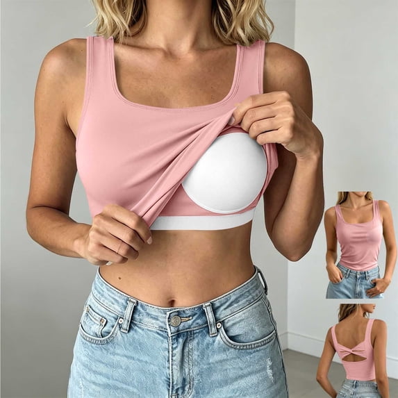 Women Undershirt Baeitkot Women's Fashion Solid Color Round Neck Built-In Chest Pad No Sleeve Sports Top