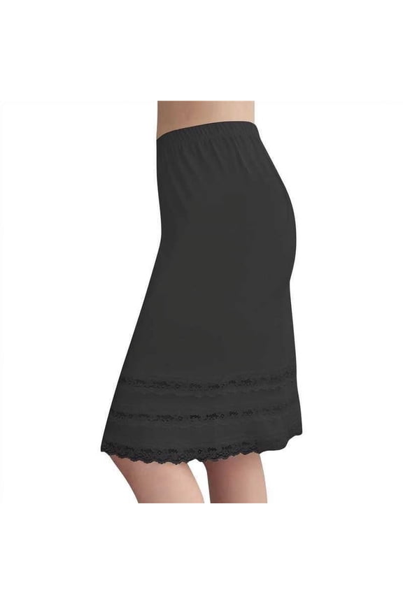 Women Underskirt Dress Extender Lace Trim Knee Length Midi Skirt Elastic Waist Skirts Black L