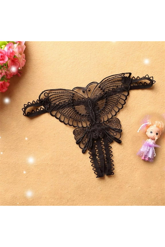Women Underwear Brief Butterfly Lace Micro Open Thongs Transparent BK