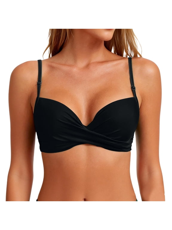 Women Underwire Bikini Top Swimsuit Top Bra Padded Bathing Suit Twist Front Swimwear Black 2XL
