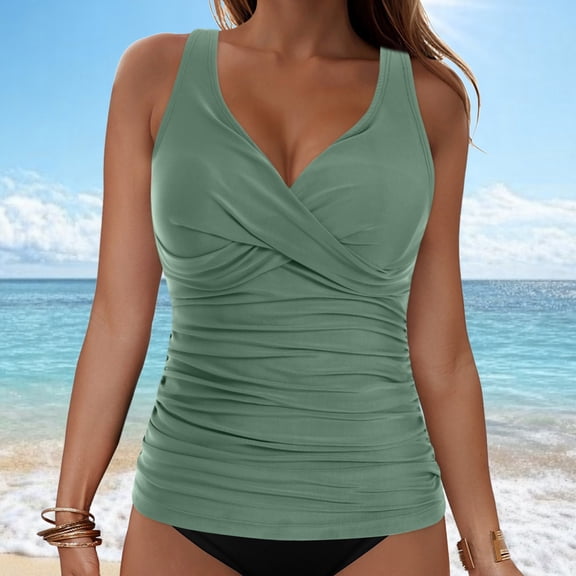 Women Underwire Tankini Top Twirl Front V Neck Bathing Suit Swim Top Abdominal Support X Shaped Configuration Top No Bottom
