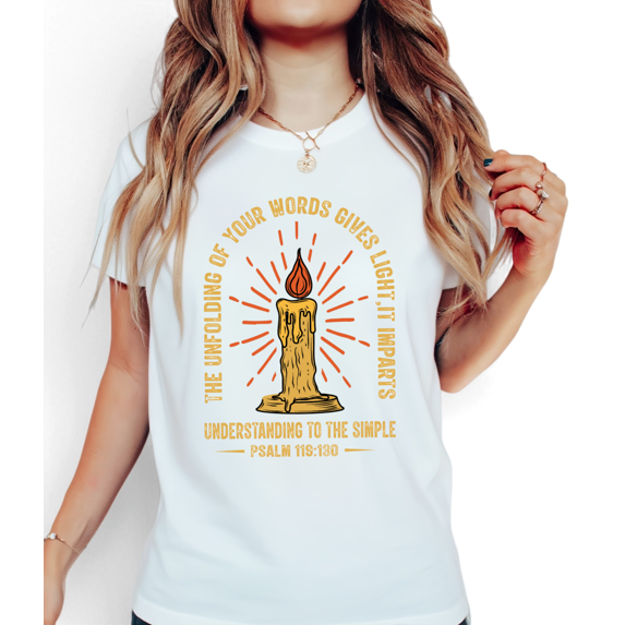 Women Unfolding Of Your Words Graphic Tee Christian Religious T Shirt Top Inspirational Candle Print Short Sleeve Round Neck White S-5XL