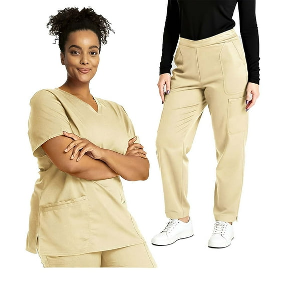 Women Uniforms Work Outfits Solid Color Loose Pants with Pockets Caregiver Short Sleeve V-Neck T-Shirt Nursing Uniform Set Beige S