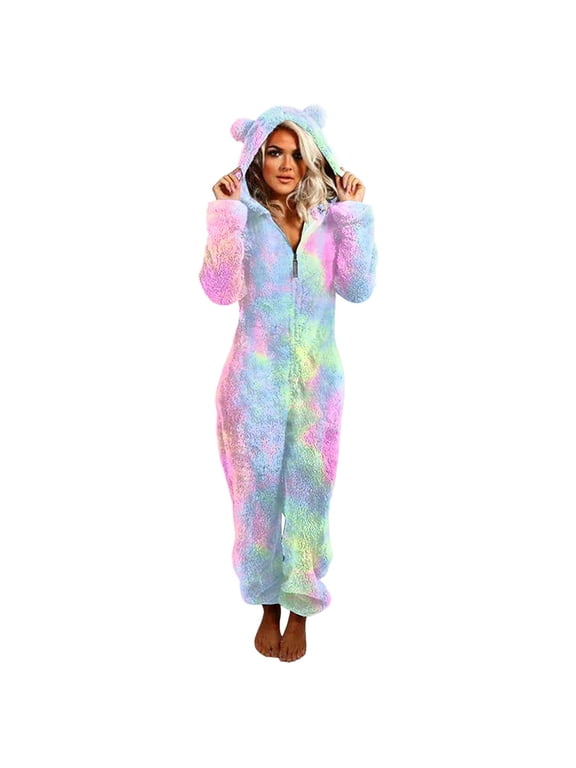 Women Unisex Adult Leopard Onesie Hoody Pajamas Zipper Up Long Sleeve Plush Jumpsuit