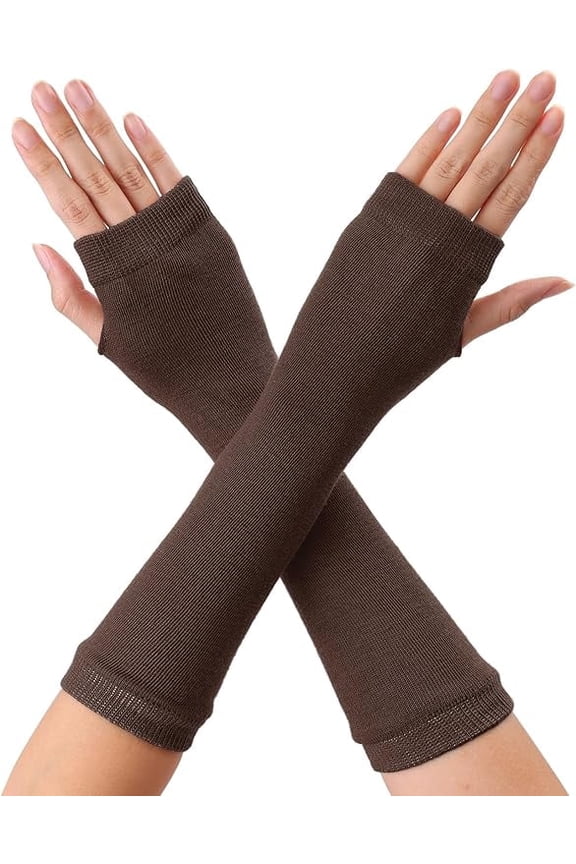 Women Unisex Classic Long Fingerless Gloves Knitted Arm Warmers Thumbhole Stretchy Gloves Coffee