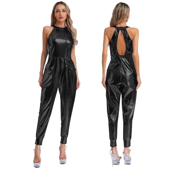 Women Unitard Jumpsuit For Pole Dancing Rompers Clubwear Hollow Out Shiny Metallic Pockets Zipper Bodysuit