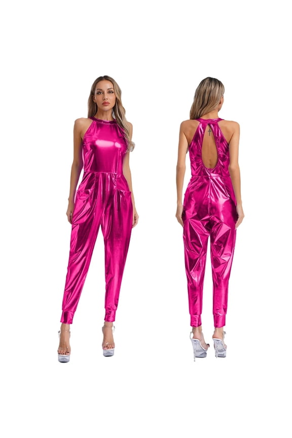 Women Unitard Jumpsuit For Pole Dancing Rompers Clubwear Hollow Out Shiny Metallic Pockets Zipper Bodysuit