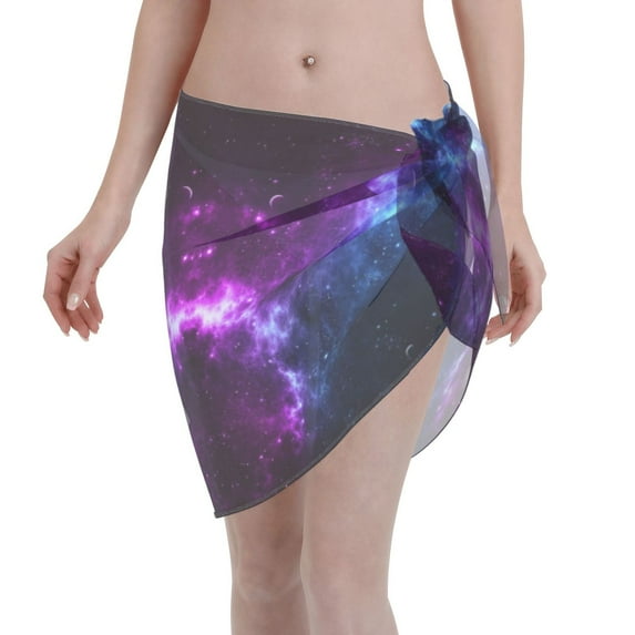 Women Universe Nebula Galaxy Sarong Coverups Chiffon Short Swimsuit Wrap Skirt Beach Bikini Tie Cover Up Wraps