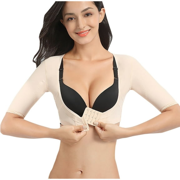 Women Upper Arm Shaper Body Compression Short Sleeve Chest Brace Up Post Surgical Slimmer Hunchback Posture Corrector Tops Shapewear