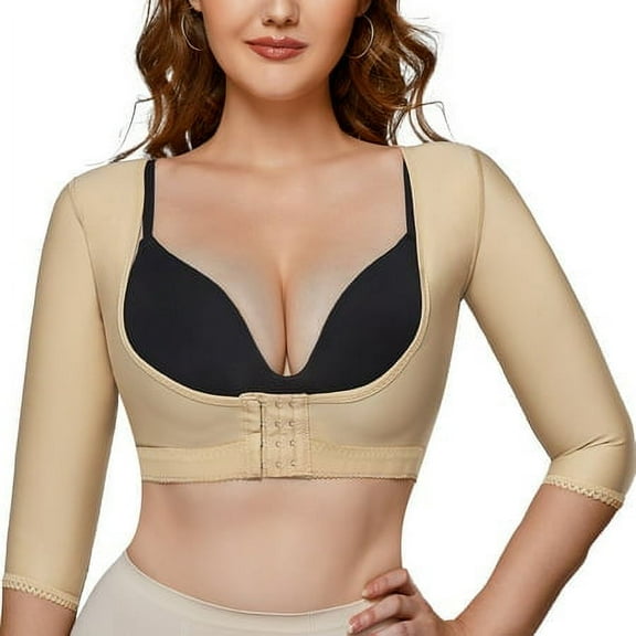 Women Upper Arm Shaper Body Compression Sleeves Post Surgical Slimmer Humpback Posture Corrector Tops Shapewear (Beige Large)