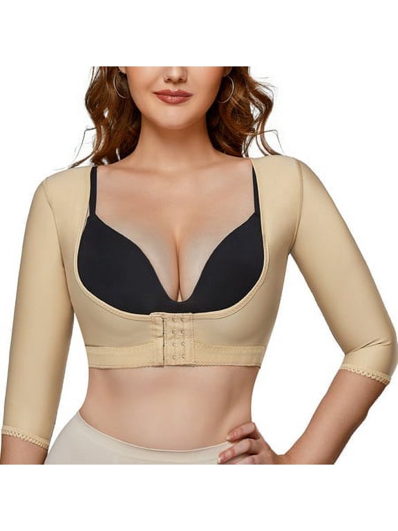 Women Upper Arm Shaper Body Compression Sleeves Post Surgical Slimmer Humpback Posture Corrector Tops Shapewear (Beige Large)