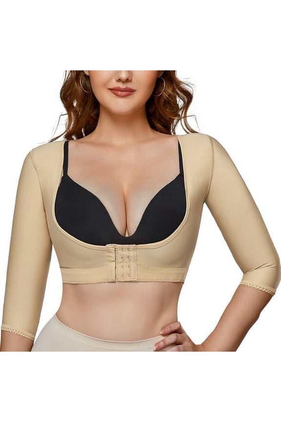 Women Upper Arm Shaper Body Compression Sleeves Post Surgical Slimmer Humpback Posture Corrector Tops Shapewear (Beige Large)