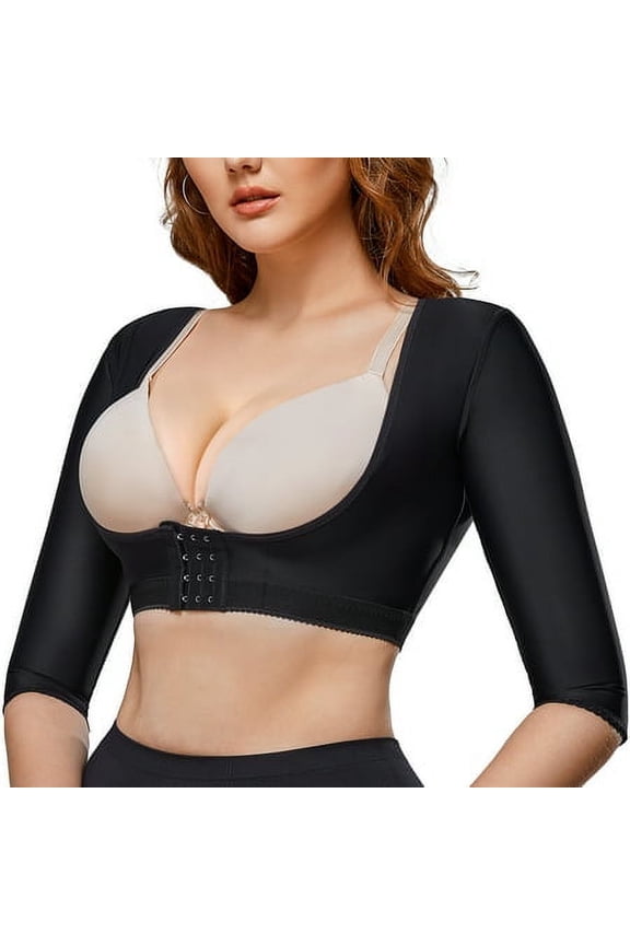 Women Upper Arm Shaper Body Compression Sleeves Post Surgical Slimmer Humpback Posture Corrector Tops Shapewear (Black Large)