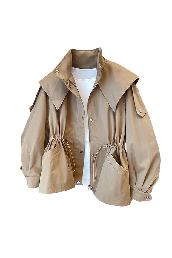 Women Utility Jacket Oversized Casual Coat Zip Up Short Outerwear Lightweight Drawstring Waist Fashion Workwear