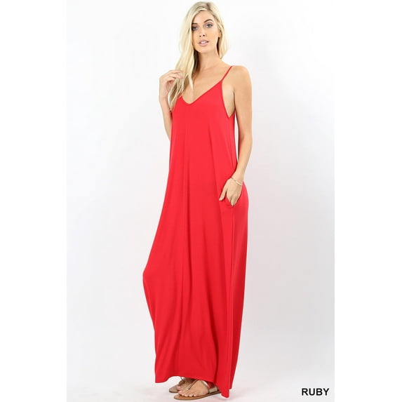 Women V-NECK ADJUSTABLE STRAPS CAMI MAXI DRESS WITH SIDE POCKETS