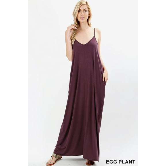 Women V-NECK ADJUSTABLE STRAPS CAMI MAXI DRESS WITH SIDE POCKETS