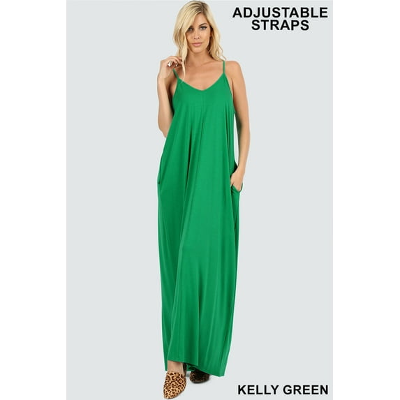 Women V-NECK ADJUSTABLE STRAPS CAMI MAXI DRESS WITH SIDE POCKETS