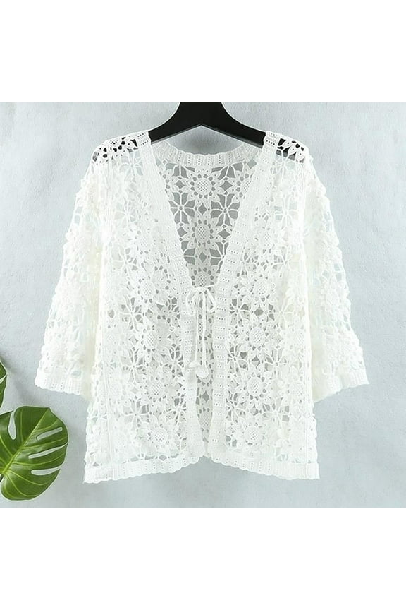 Women V Neck 3/4 Sleeve Crochet Lace Shirt Jacket Tie Front Cardigan Leopard Print Sweaters for Women Womens Leopard Sweater Extra Long Sweater Kimonos for Women plus Size Fall Cardigans for