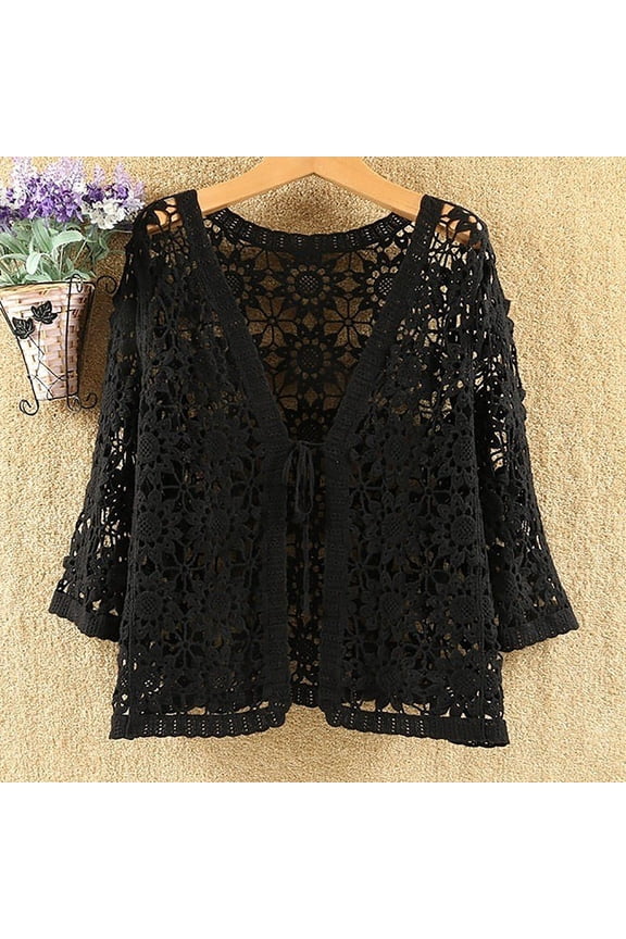 Women V Neck 3/4 Sleeve Crochet Lace Shirt Jacket Tie Front Cardigan Womens Fall Cardigan Sweaters Sleep Cardigan Holiday Sweater Sweaters for plus Size Women Pleated Paneled Cardigan Sweater Jacket