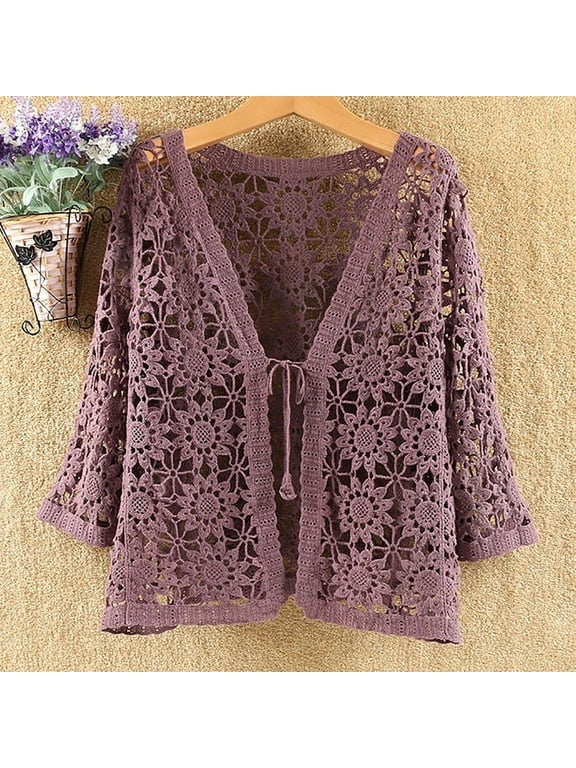 Women V Neck 3/4 Sleeve Crochet Lace Shirt Jacket Tie Front Cardigan Womens Sweater Duster Long Trench Cardigan for Women Cardigans for Women Fall Women Sweaters for Fall And Winter Cardigan Sweaters