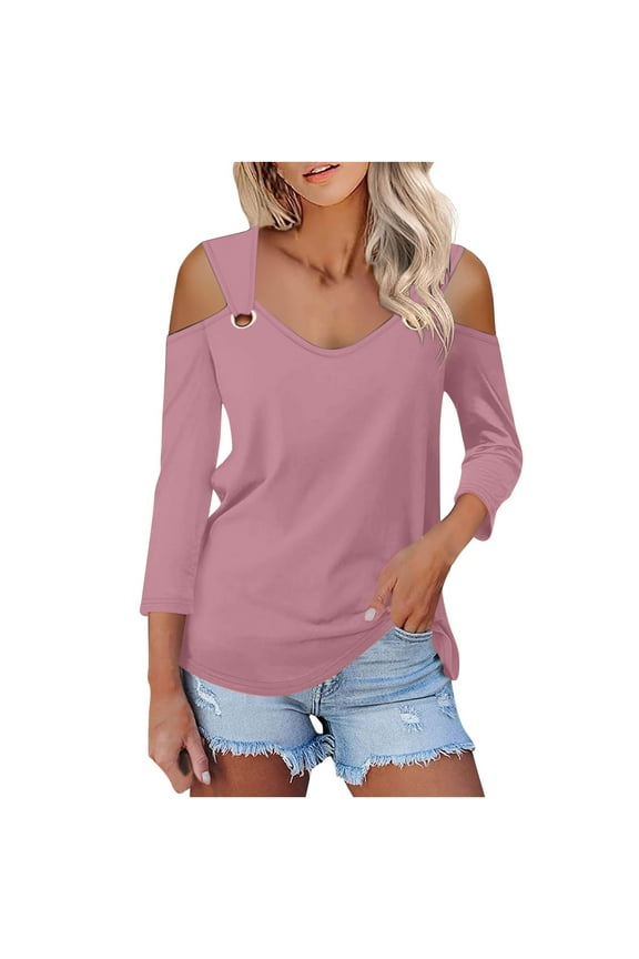 Women V Neck 3/4 Sleeve Shirts Cold Shoulder Tunic Tops Metal Strappy Solid Color Basic Fall Summer Tees (L, Pink)