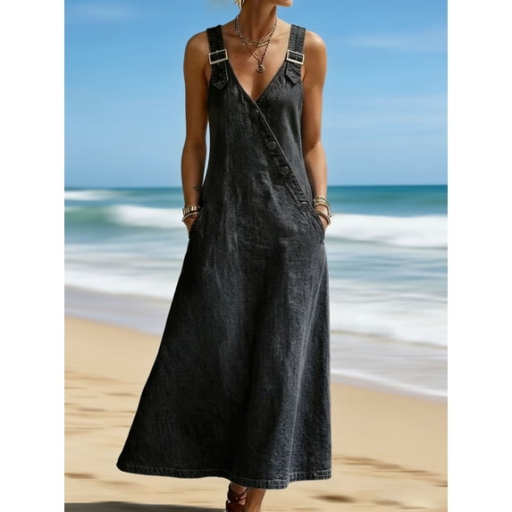 Women V-Neck Asymmetrical Buckle Denim Overall Long Dress, Loose Slim Fit Dress for Daily Commute and Outdoor Activities