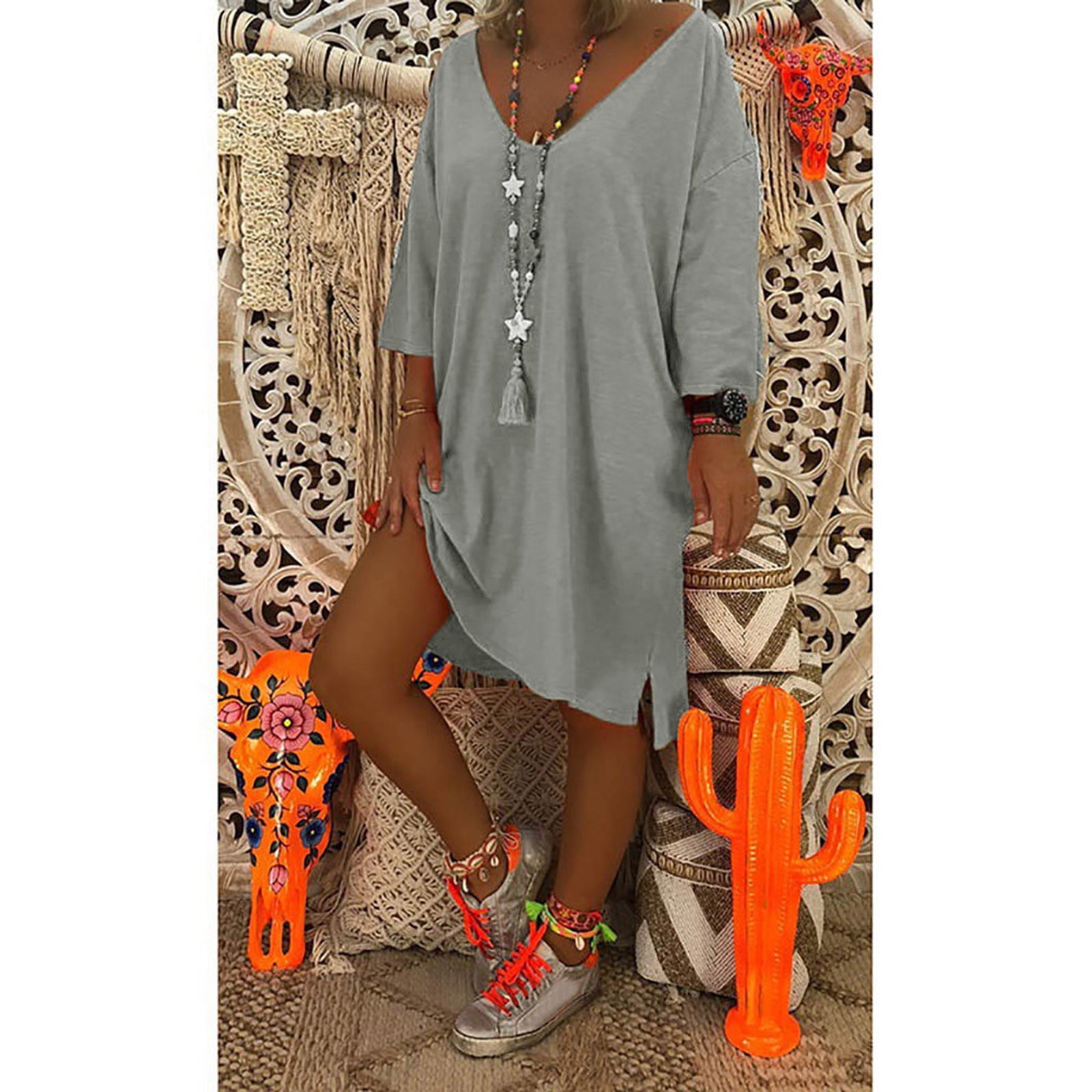 Women V Neck Beach Cover Plus Size Ladies Baggy Dress