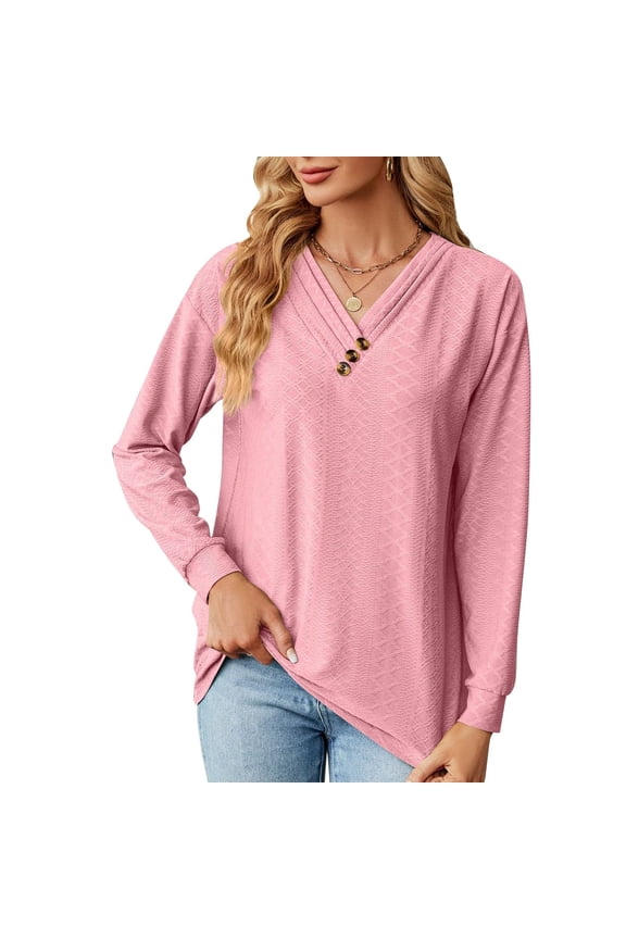 Women V Neck Blouse Long Sleeve Textured Jacquard Button Front Decoration Pullover Top Pink M